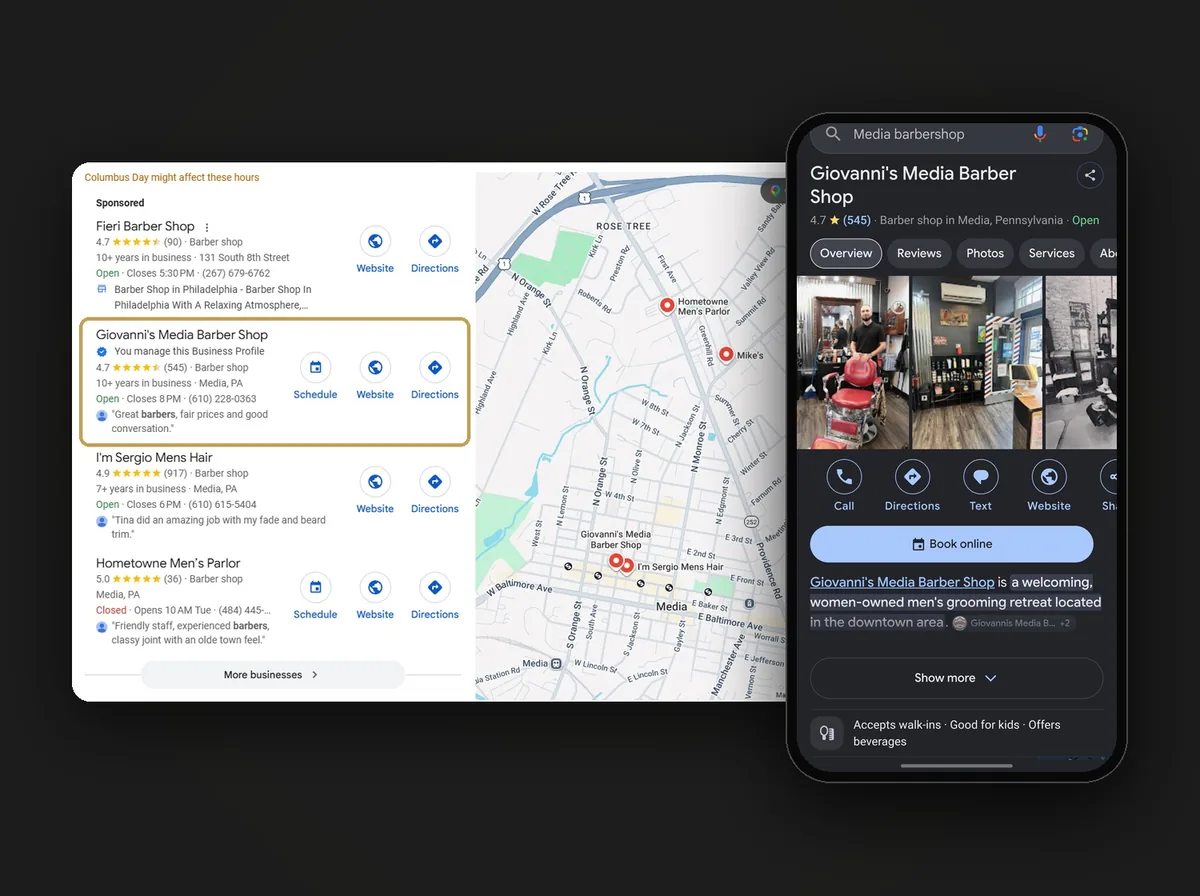 Google local search results, a map, and a mobile Business Profile for Giovanni’s Media Barber Shop.