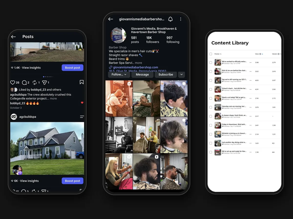 Client social posts, a Giovanni’s Media Barber Shop Instagram profile, and a content library shown side by side.